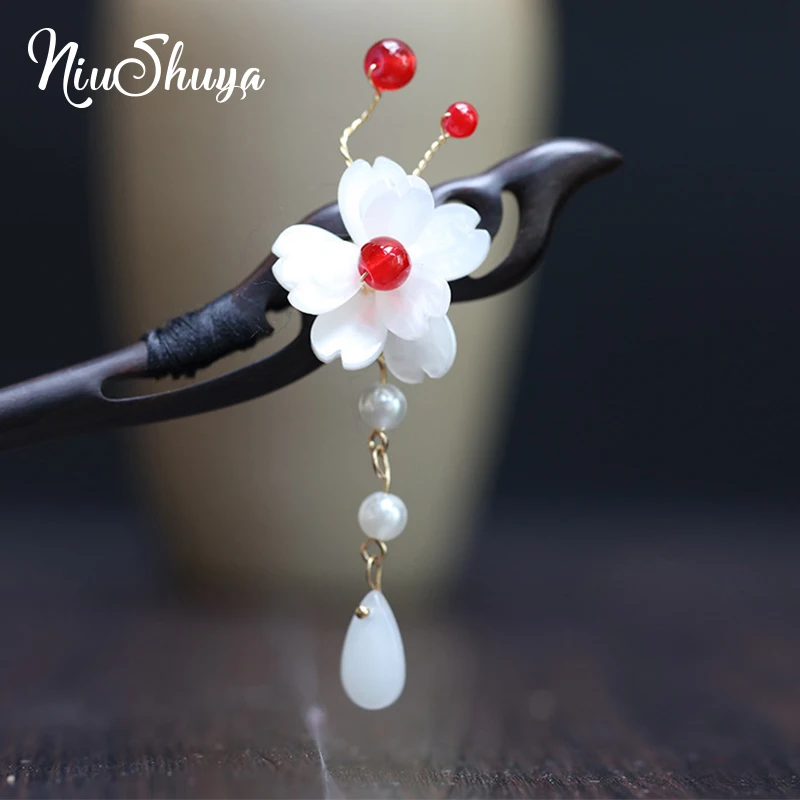 

NiuShuya Elegance Waterdrop Hair Stick Vintage hairpin Natural wood Retro Flower Style Hairpin Handmad Chopstick Hair Stick