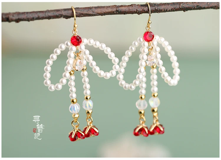 

Ancient style lolita Girly Original handmade shell beads Pearl Bowknot cute Hanfu Ancient Costume Cosplay Gorgeous earrings