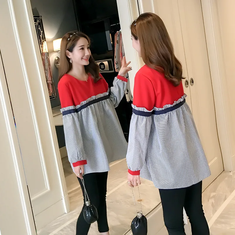 

3718# Spring Fashion Maternity Blouses Patchwork Striped Loose Clothes for Pregnant Women Elegant Autumn Pregnancy Shirts Tops