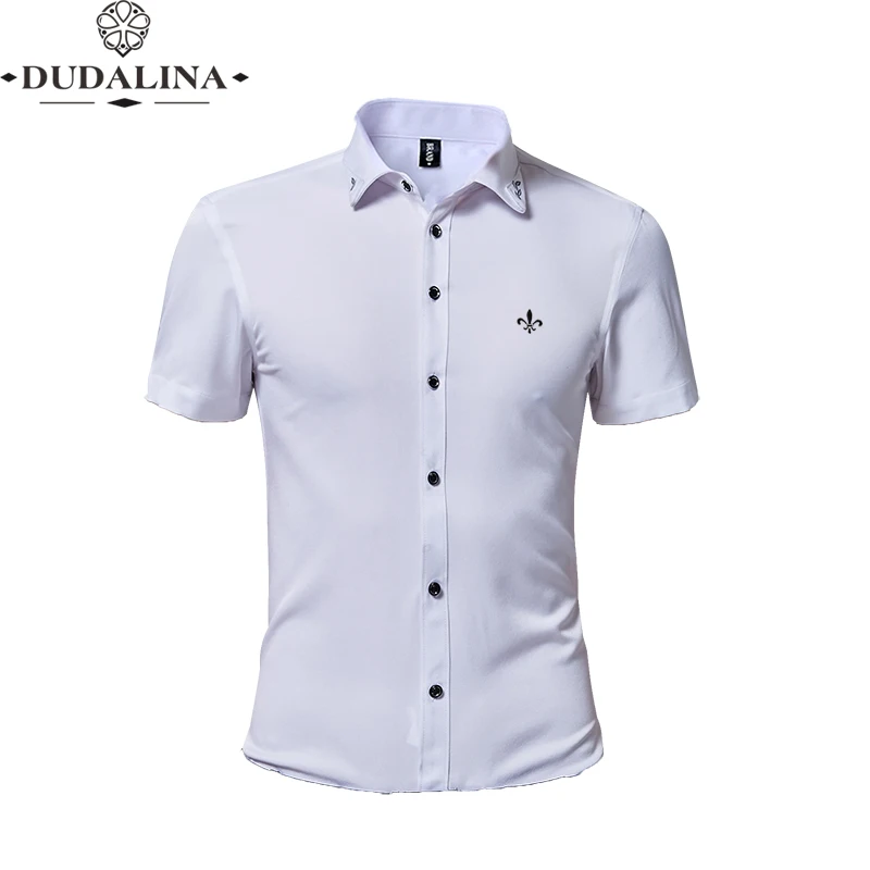 Против морщин и нежелезной вышивки мода Blusa Camisa Social Masculina Dudalina короткий рукав Slim Fit рубашка мужская одежда с цветочным рисунком