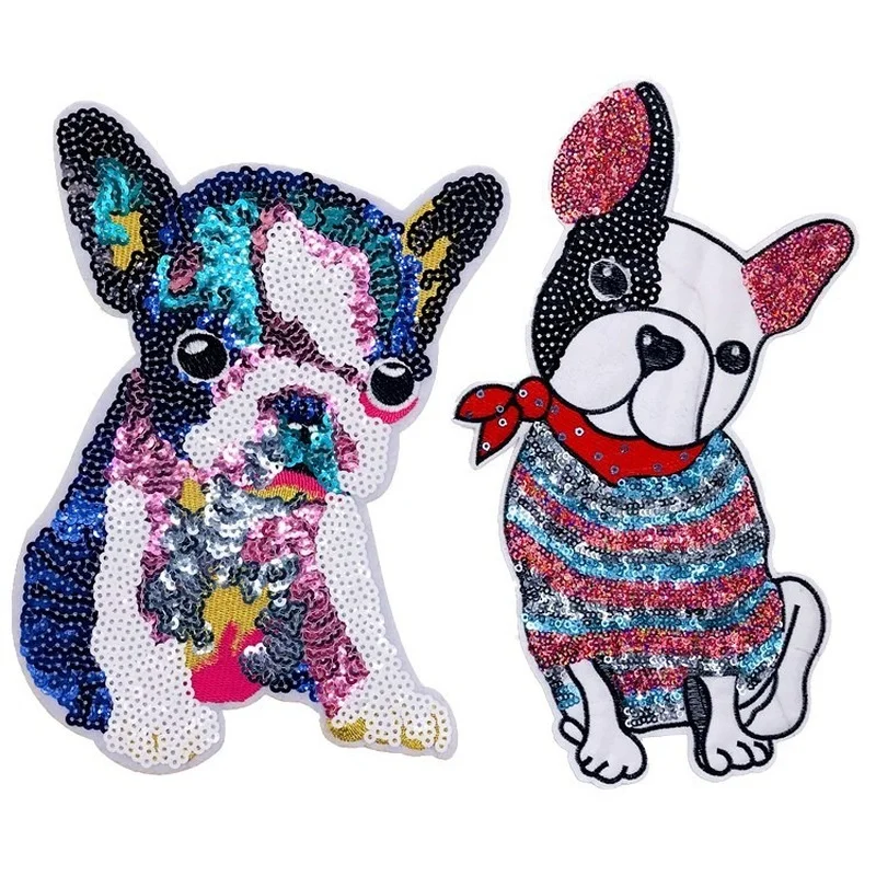 

Animal Big Patch Dog Bulldog Sequin Patch Sewing Embroidered Applique for Jacket Clothes Stickers Badge DIY Apparel Accessories