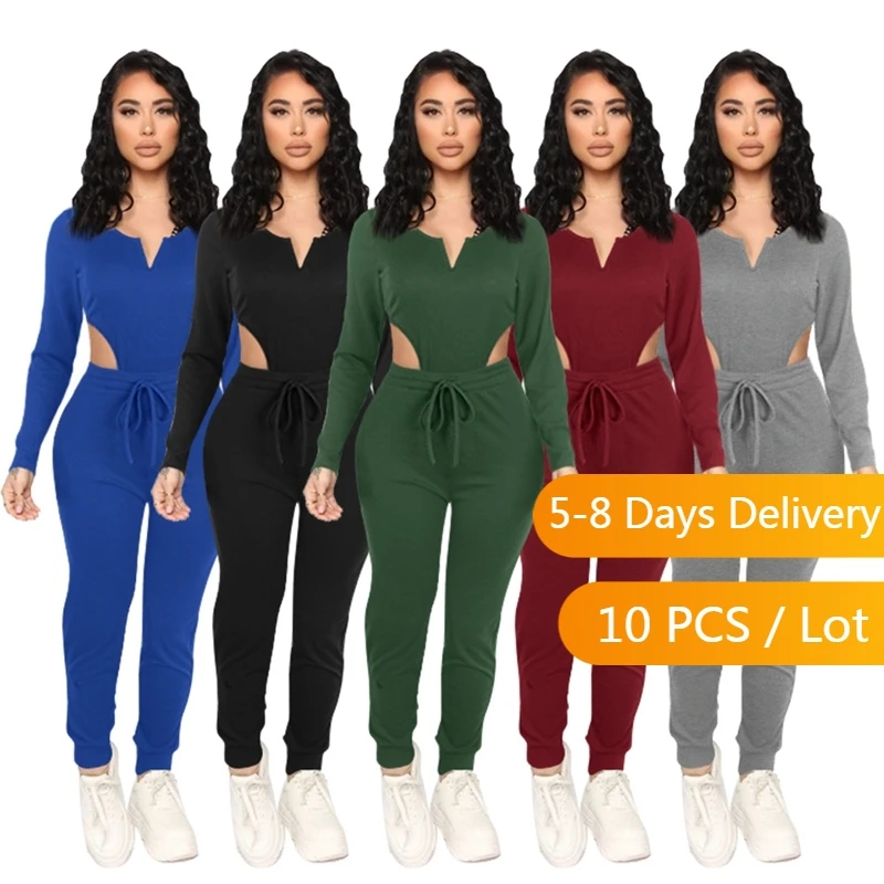 

Bulk Items Wholesale Lots Autumn Outfits for Women Two Piece Set V Neck Top and Pants Set Solid Bandage Bodycon Matching Sets