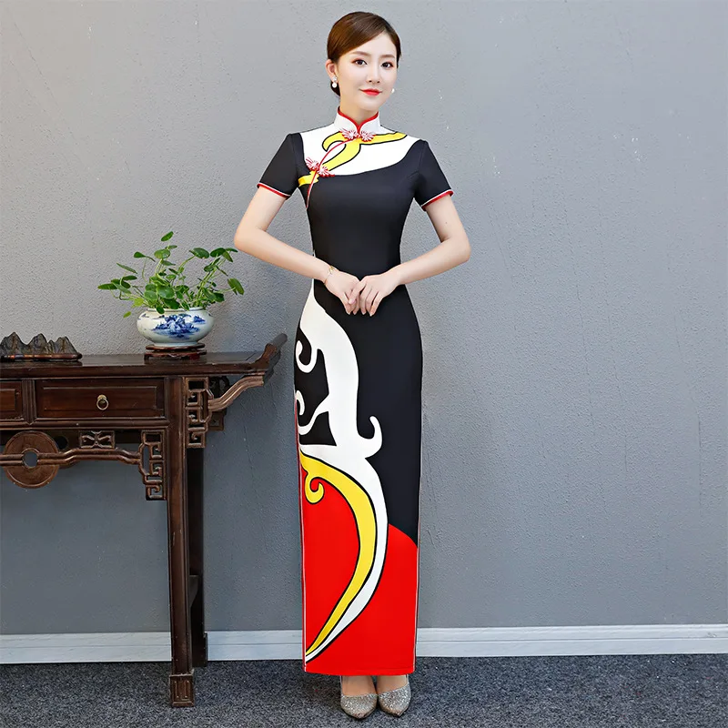 

Китайский Для женщин черный Чонсам с принтом длинные тонкие платье Ципао с разрезом элегантный короткий рукав платье Vestidos
