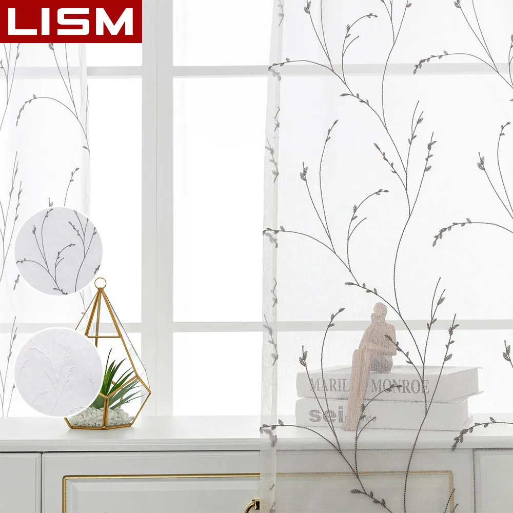

LISM Leaves Embroidered Sheer Curtains Tulle Voile Curtains for Living Room Bedroom Kitchen Window Treatment Drape Home Decor