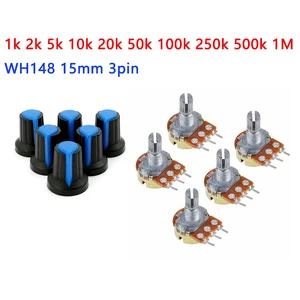 5pcslot  WH148 Blue Kit Carbon Film Potentiometer 15mm 3pin B1K 2K 5K 10K 20K 50K 100K 250K 500K 1M Rotary Switch Knob Cap
