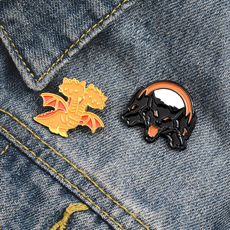 

Cerberus Cat Fox Enamel Pin Black White Animal Brooches for Women Men Fashion Bag Lapel Pin Cute Metal Badge Jewelry Gift