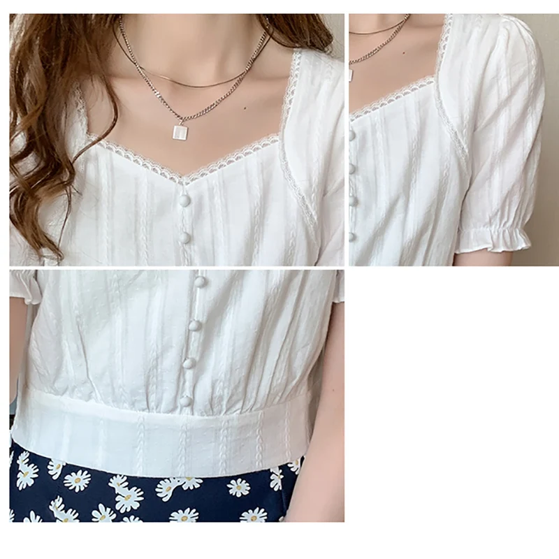 

LJSXLS 2021 Summer Solid Square Collar Women's Blouse Retro Puff Sleeve Clothes Solid Short Sleeve Blouses Women White Top Femme