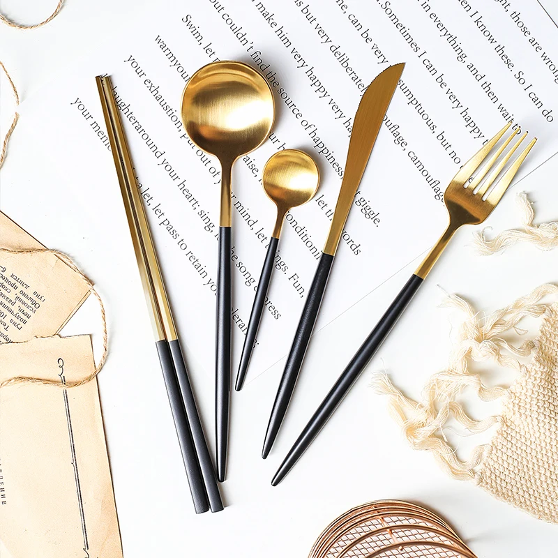 

Black Gold Cutlery Set Matte Spoon Fork Knife Chopsticks Kit Cutlery 18/10 Stainless Steel Kitchen Dinnerware Tableware Set Gold