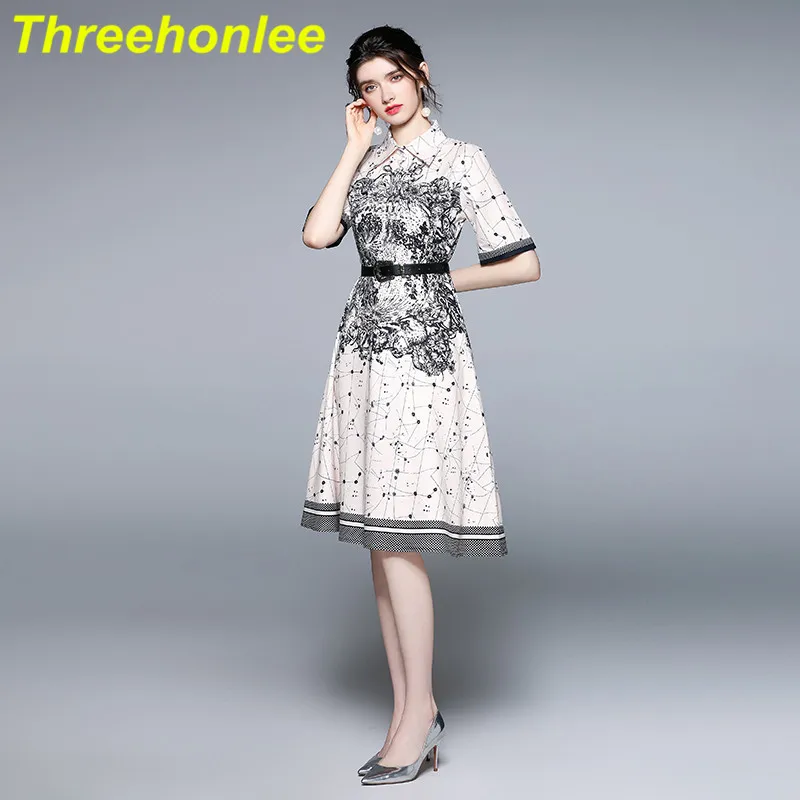 

2021 Summer Runway Long Shirt Dress Women's Lapel Short Sleeve Vintage Print Mid Dress Female Office Work Vestidos With PU Belt