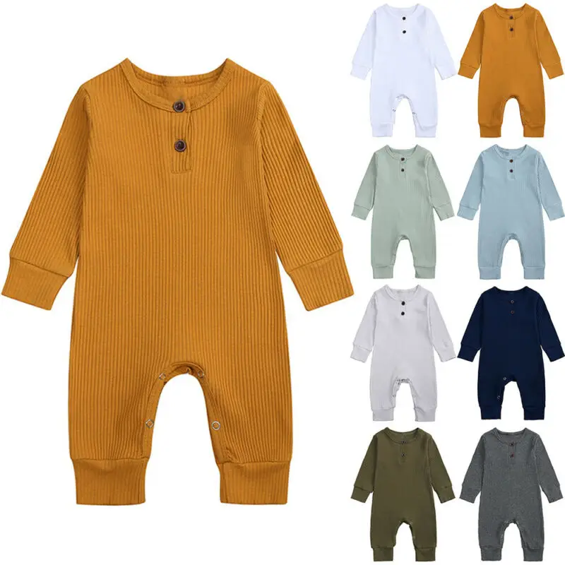 

Infant Baby Boy Girls Romper Ribbed Jumpsuit Bodysuit Solid Long Sleeve Outfit