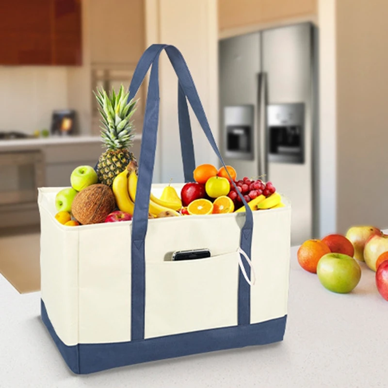 

Reusable Grocery Bags, Collapsible Reusable Shopping Boxes Large Storage Bins, Shopping Tote Bag, Beige and Blue