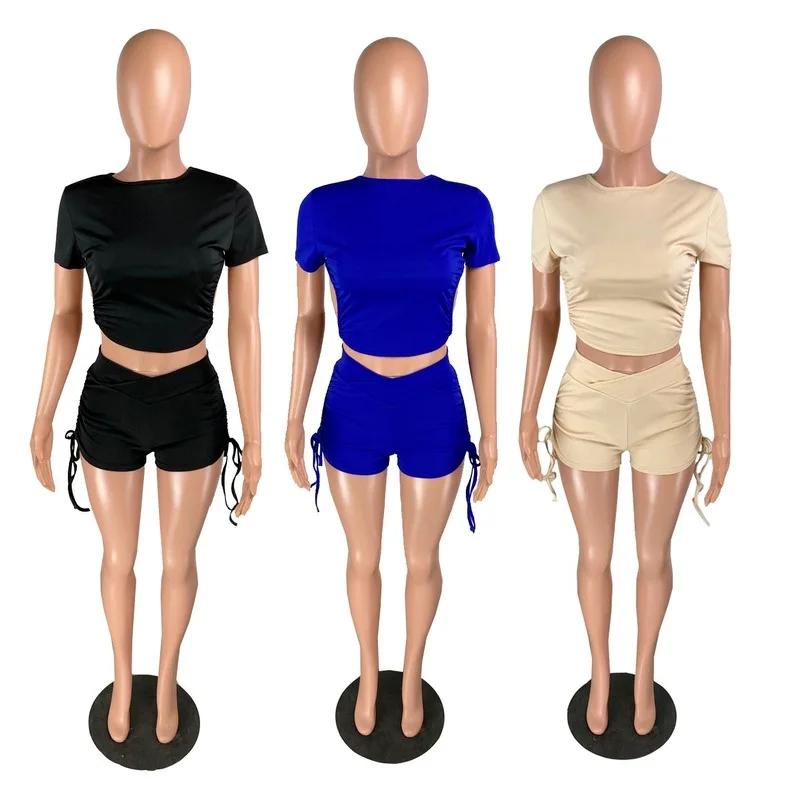 

2021 Women's Fashion Casual Sexy Drawstring Shorts Set Two Piece Set DAFIFY