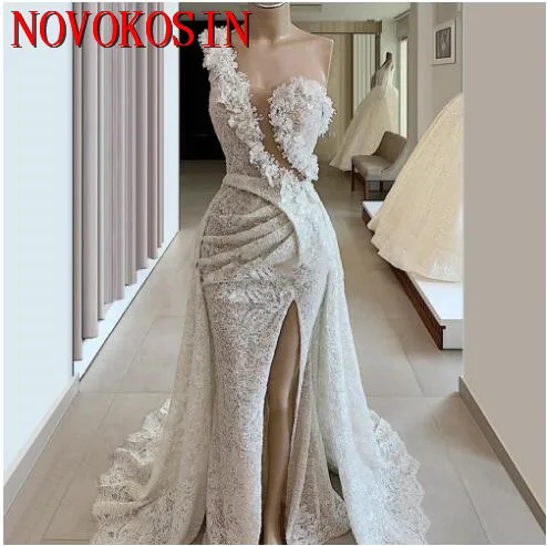 2020 Samlpe Ivory Lace Mermaid Arabic Moroccan High Spit Evening Dresses One Shoulder Women Dubai Caftans Formal Party Gowns | Свадьбы и