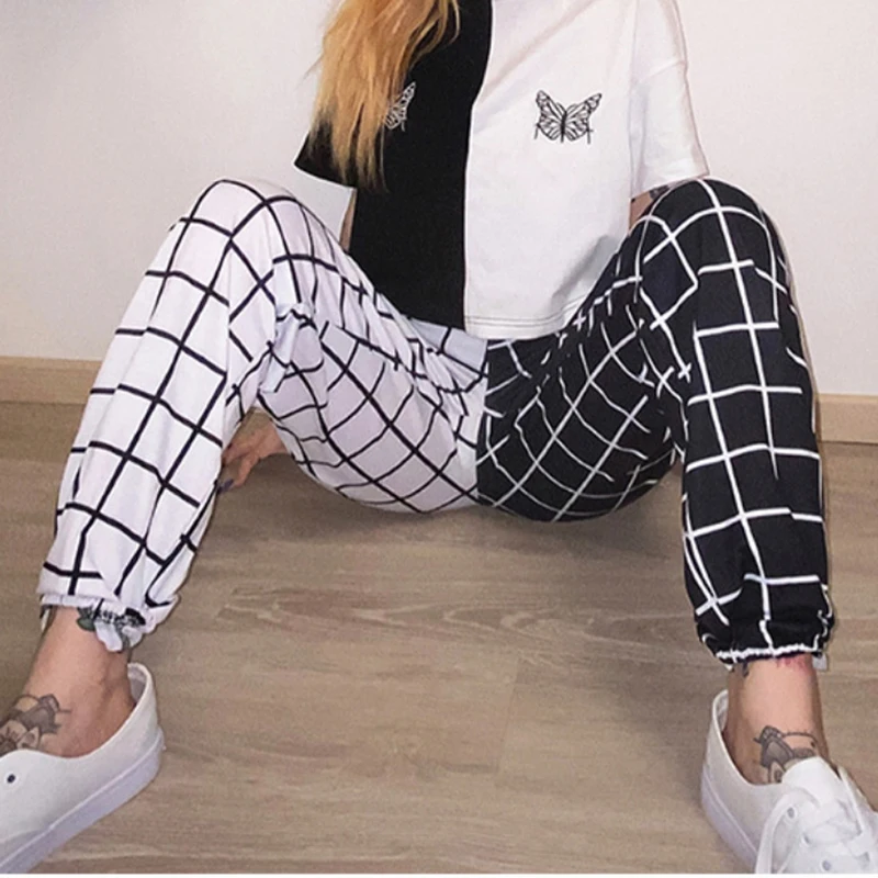 

Summer Women's High Waist Black and White Checkerboard Pattern Elastic Waist Pocket Stretch Harem Pants For Ladies Hot Sale