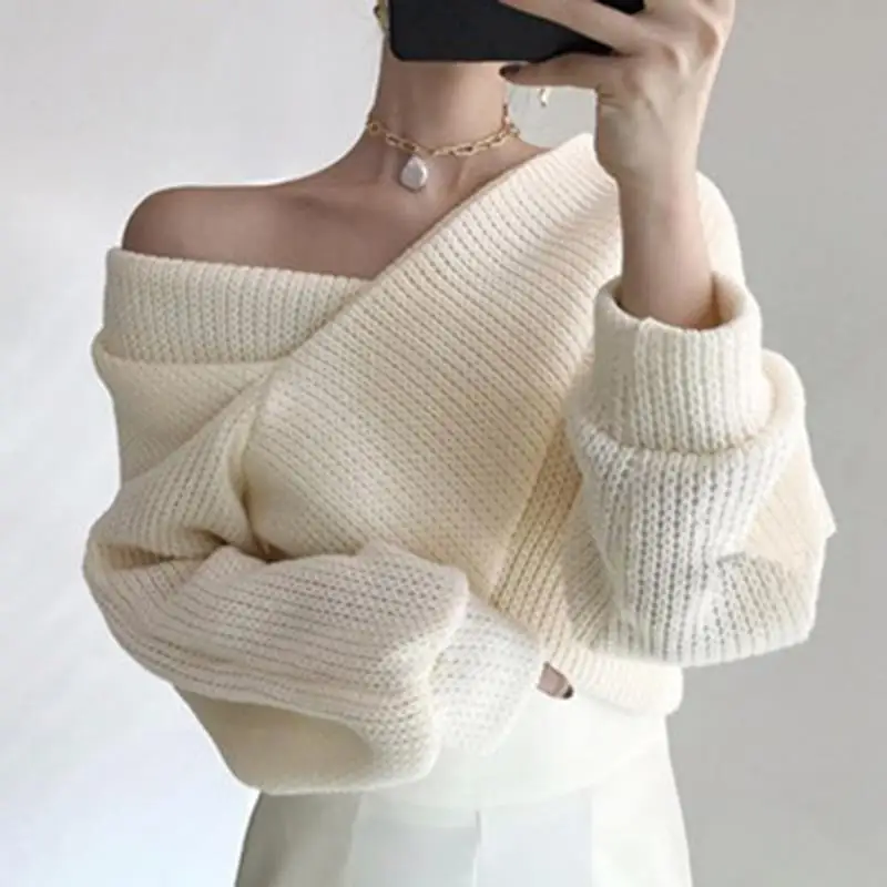 

Korean Chic Sexy Slash Neck Cross Women Sweaters Vintage Solid Off Shoulder Office Lady Pullovers Fashion Chic Knit Sueter Mujer
