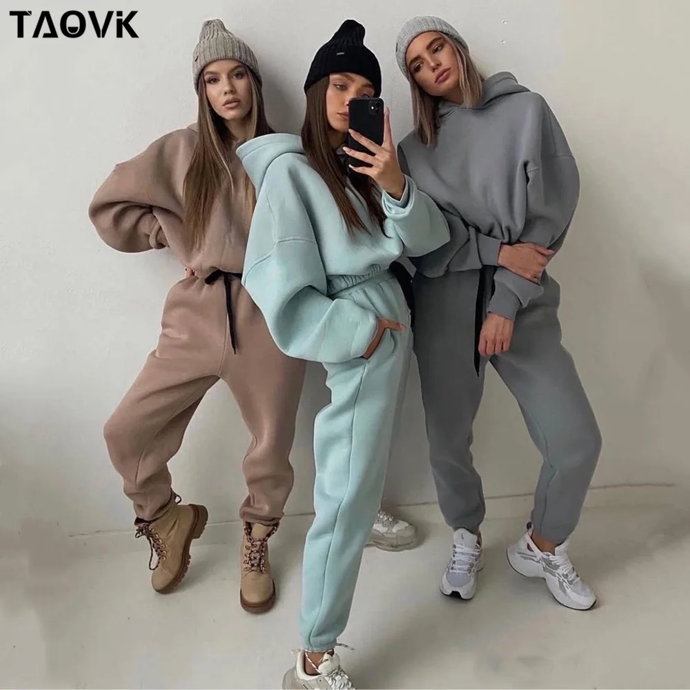 

Женский утепленный спортивный костюм TAOVK, свитшот с капюшоном, флисовый комплект из 2 предметов, однотонные Пуловеры и куртки на осень и зиму