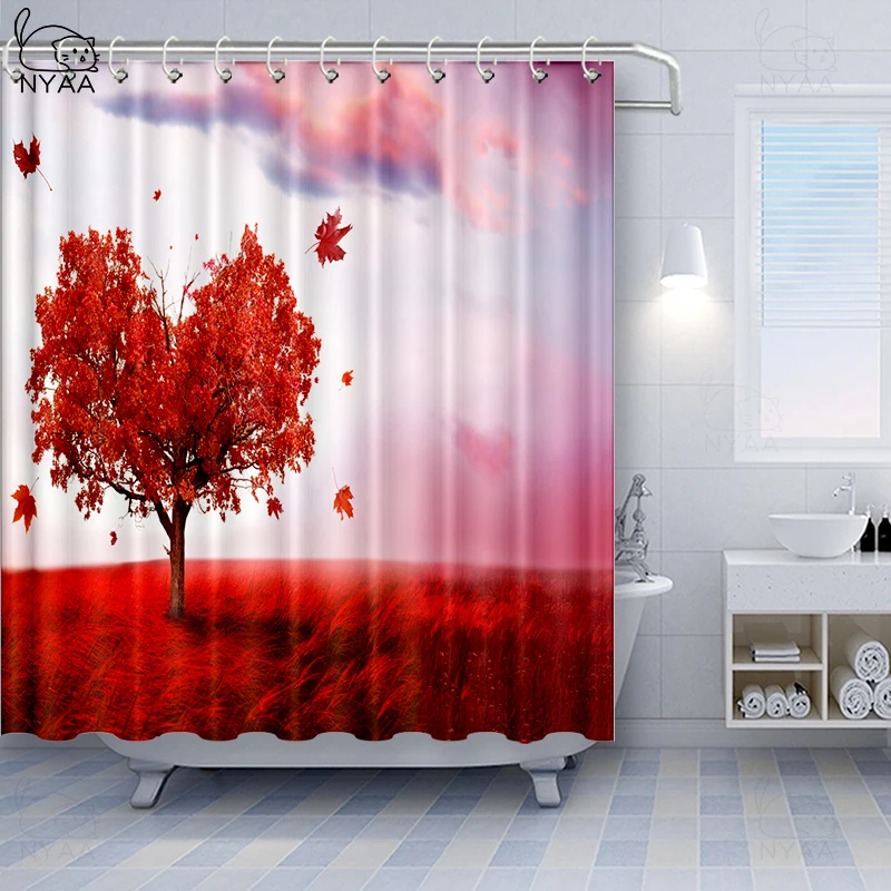 Осенняя душевая занавеска Vixm ветка с бледными осенними листьями и птицами