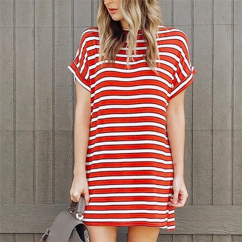 Платье-футболка женское в полоску летнее свободное с коротким рукавом 2020 |