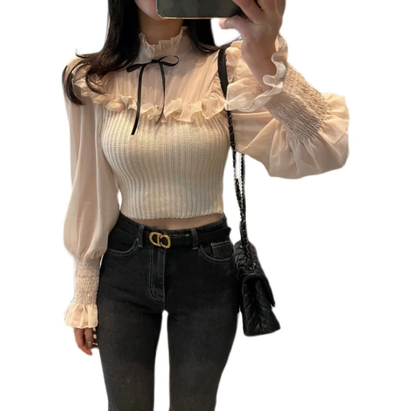 

Korean-style Chic Sweet Girl Versatile Western Style Youthful-Looking Frilled Niche Design Long-Sleeved, Slim-Fit, Short Shirt