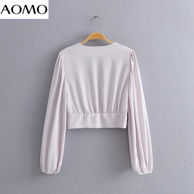

AOMO women retro crop blouse long sleeve 2020 new arrival chic female sexy o neck shirt tops JA25A