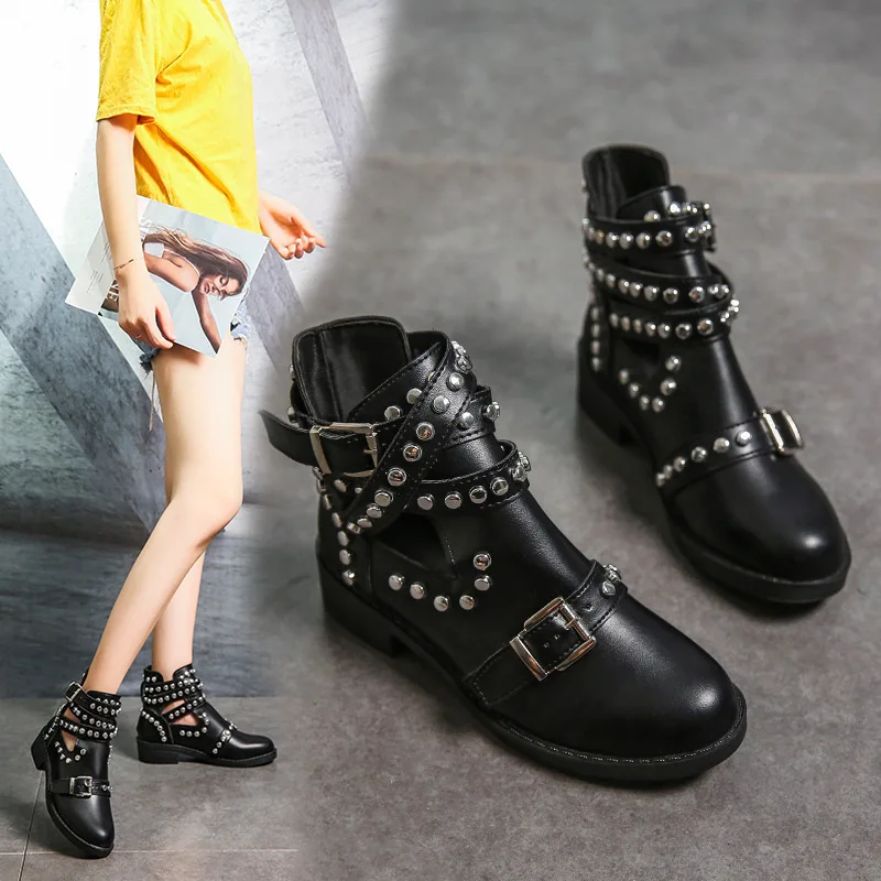 

metal fashion rivet buckle boots women boots Fashion round head
