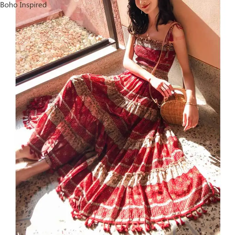 Богемный Вдохновленный хлопок цветочный принт длинное платье Бохо эластичные