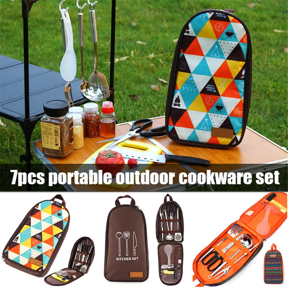 

7pcs/set Camping Kitchenware Set Barbecue Tool Set Portable Cookware Barbecue Kit for Outdoor Travel Camping PLDI889