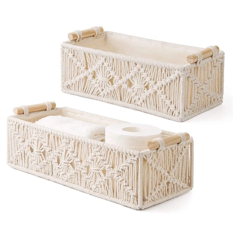 Macrame Storage Baskets Decor Box Handmade Woven Decorative Countertop Toilet Tank Shelf Cabinet Organizer Boho Set of 2 | Дом и сад