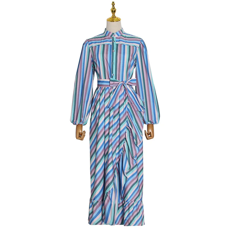 

Winter 2020 New Fashion Temperament Stand Collar High Wiast Women Dresses Lantern Sleeve Colorful Stripe Ankle-Length Dress M59C