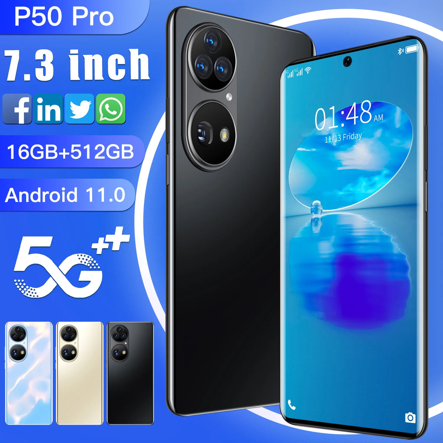 Tel&eacute;fono Inteligente P50 Pro de 2021 pulgadas, 16 + 7,3 GB, 512 mAh, Bater&iacute;a grande, 10 n&uacute;cleos, c&aacute;mara de 64MP, versi&oacute;n Global, tarjeta de regalo gratis, novedad de 8000-0