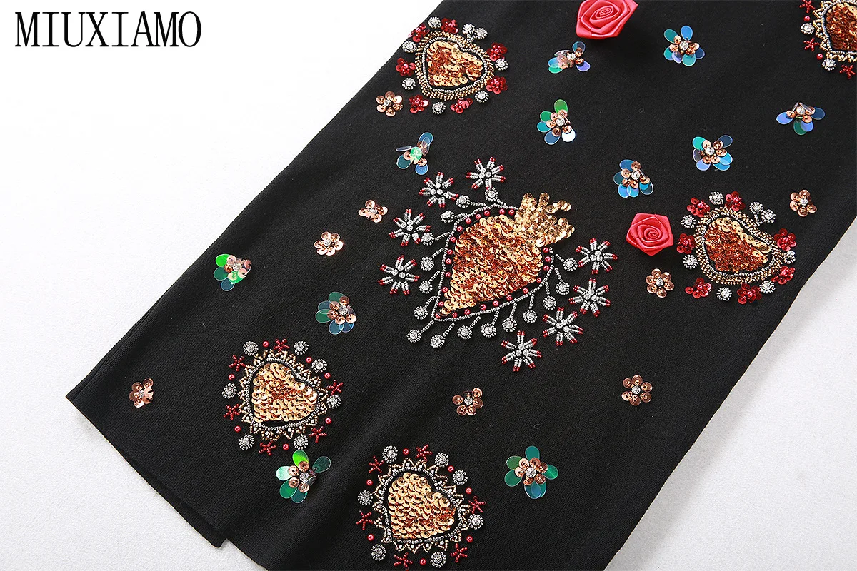 MIUXIMAO/роскошное осеннее платье для подиума, с коротким рукавом, с блестками, бриллиантами, с аппликацией в виде цветка, черное винтажное тонкое платье для женщин, Vestido