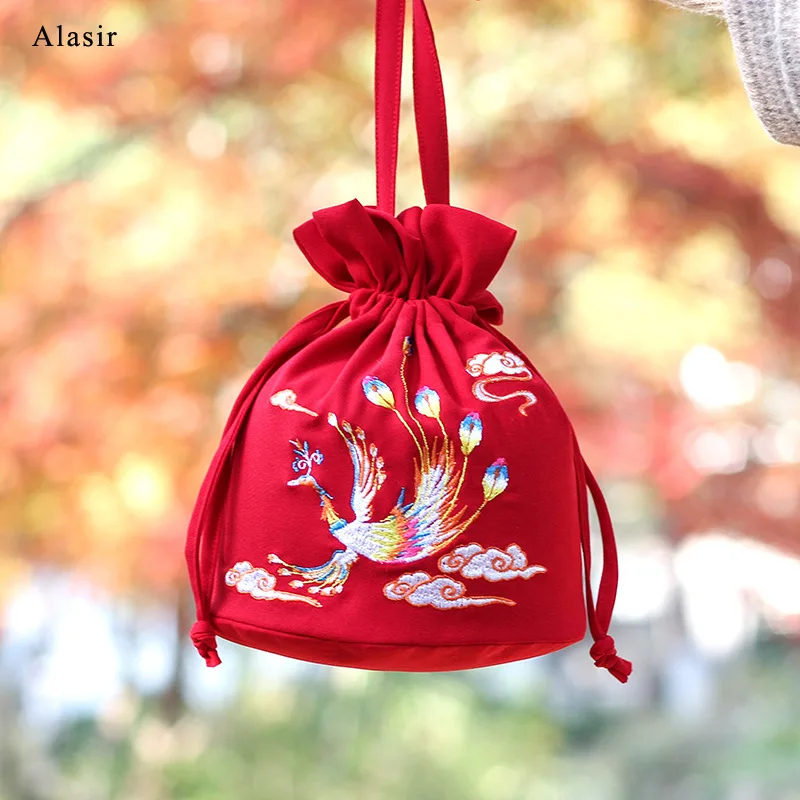 Красная сумка мешок Alasir с вышивкой Hanfu винтажная Повседневная Сумка тоут в
