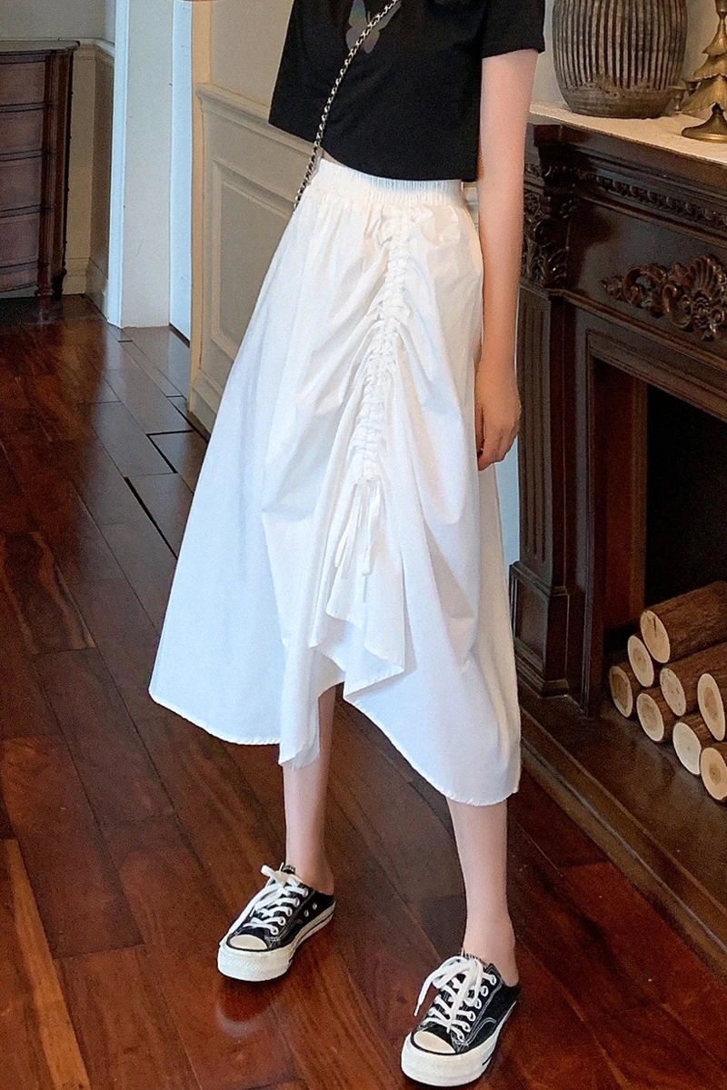 

Spring And Summer Casual High Waist Drawstring Women's Skirt Fashion Chic White Maxi Skirt Ladies