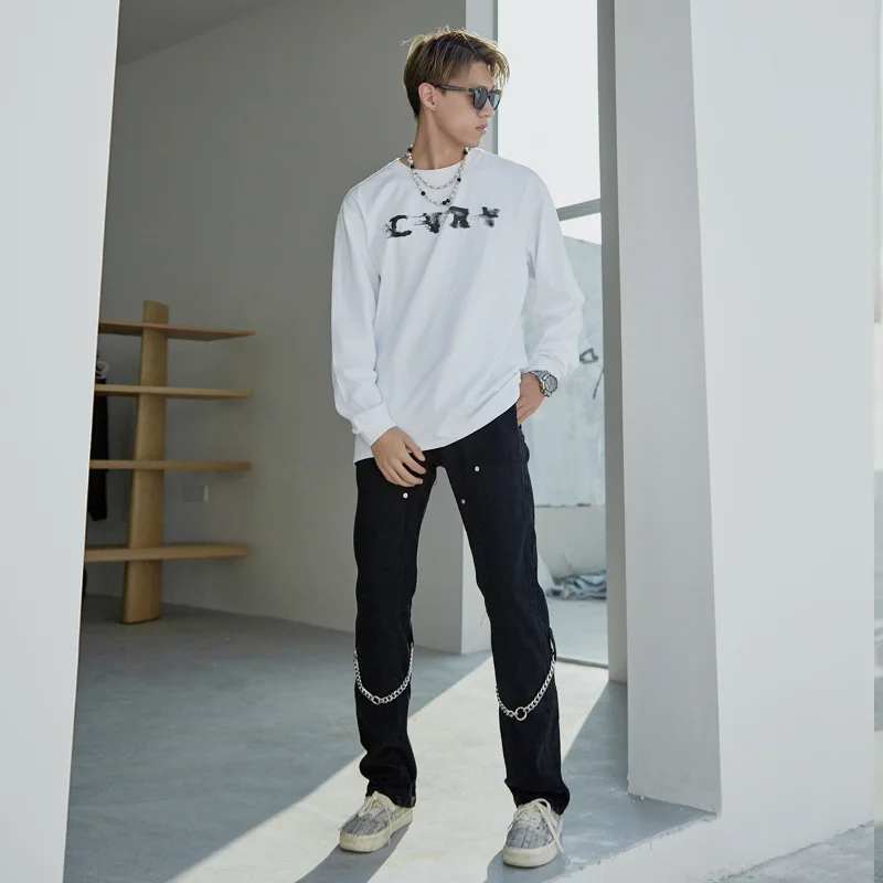 2021 Chain Decoration Black Slim Men Hip Hop Jeans Pencil Pants Solid Casual Gothic Denim Trousers Korean Fashion Pantaloni Uomo