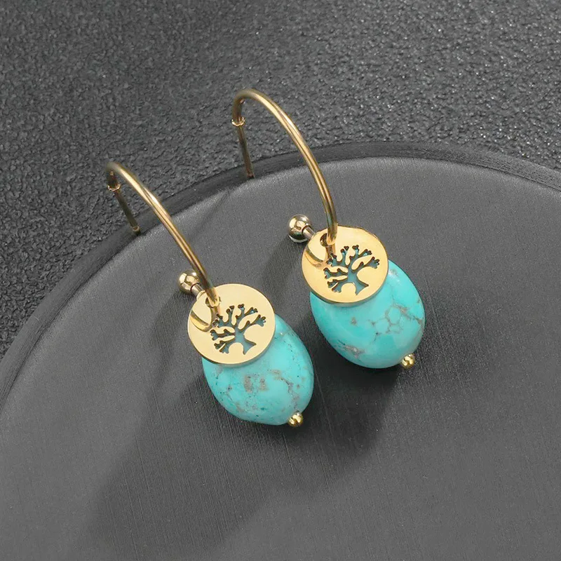 

European Noble New 14k Gold Retro Court Style Earrings Bohemian Turquoise Life Tree C-shaped Earrings Stainless Steel Jewelry