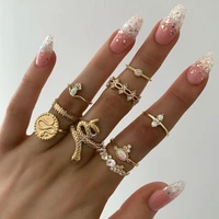 9 pcs set new retro ring creative geometric snake shape zircon leaf pattern alloy ring set for women metal knuckle ring party