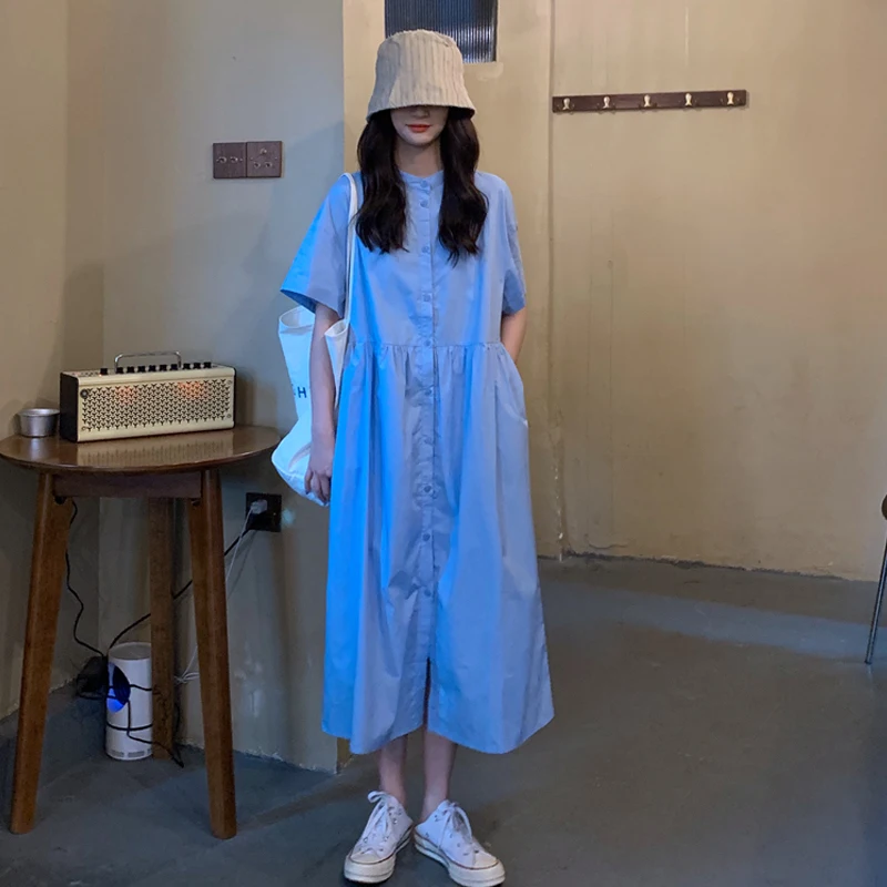 Синее платье Новинка лета 2021 Длинное свободное повседневное дизайнерское