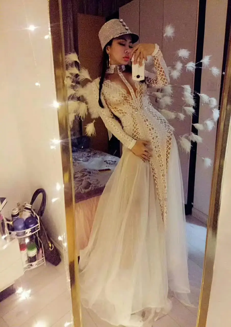 

Sexy Net Yarn Long Sleeve Elegant Dress Women 2021 Birthday Prom Celebrity Evening Party Elegant Dress Singer Stage Costume