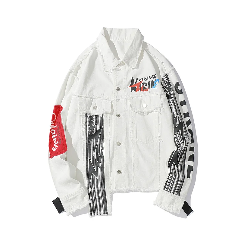 

Streetwear ribbon graffiti white denim jacket men's jacket oversized single-breasted hip-hop denim jacket casual jacket