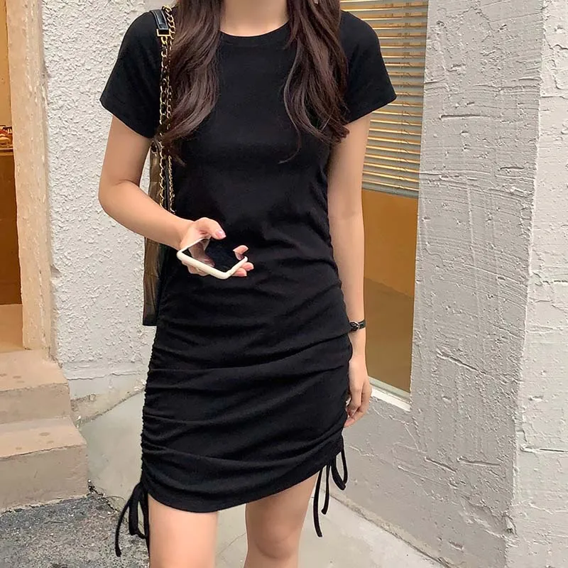 

Vintage Summer Short Sleeve Drawstring Women Mini Dress Korean Elegant O-Neck Solid Color Female Dress One-Piece Dress 2021 New