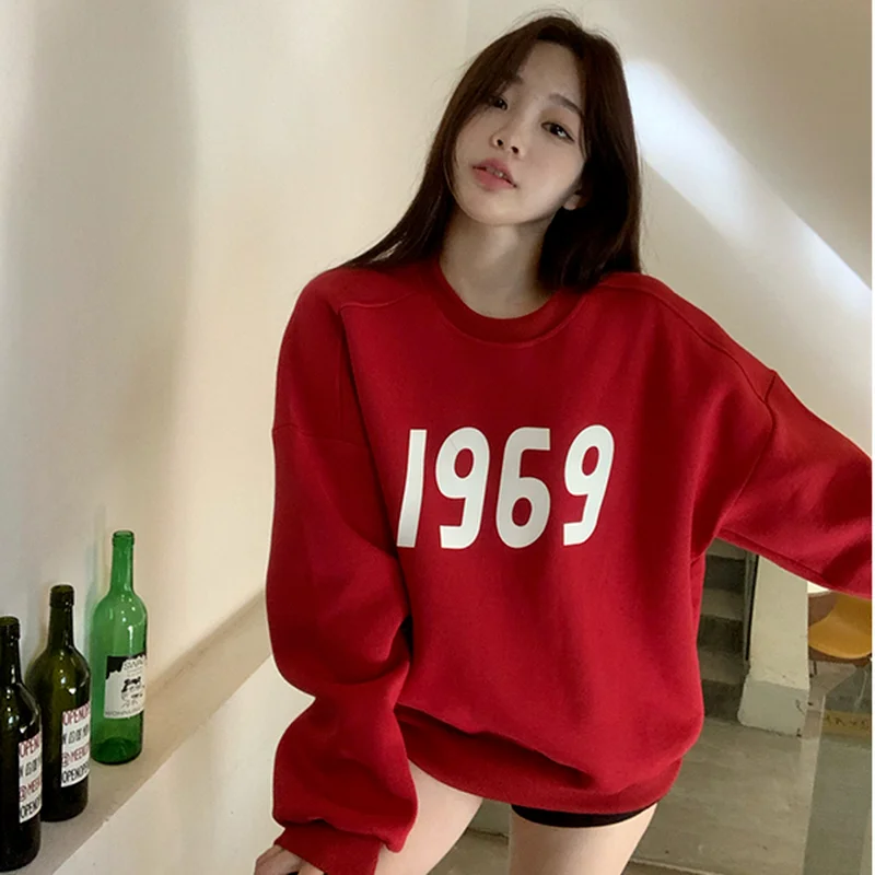 

Red Crewneck Letter Printing Sweatshirt Women Korean Version Loose Autumn Clothes Long Sleeve Keep Warm Mid-length Hoodies