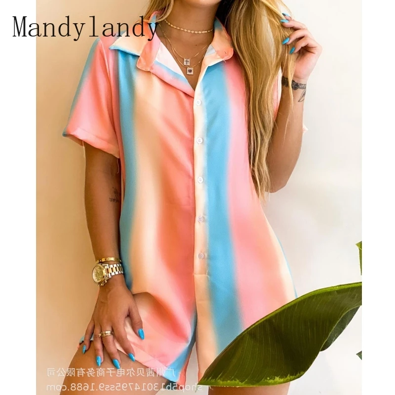 

Mandylandy, комбинезоны, рубашки, модные повседневные короткие брюки, комбинезон, женские свободные рубашки с коротким рукавом, топы, летние комб...
