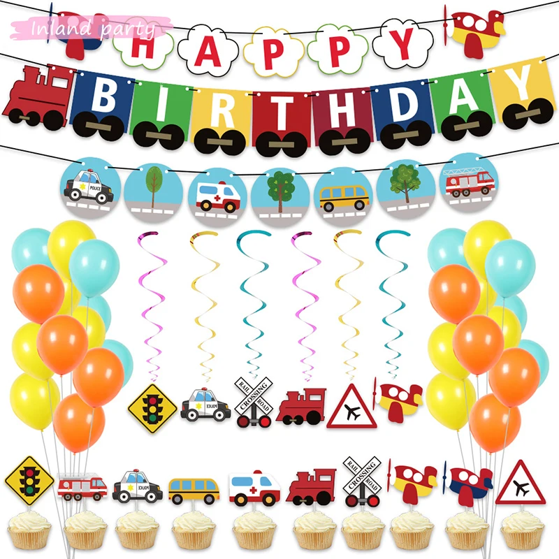 

43pcs/set Transport Party Balloons Cartoon Vehicle Birthday Party Decoration Supplies Party Banner Flags Cake Toppers Air Balls