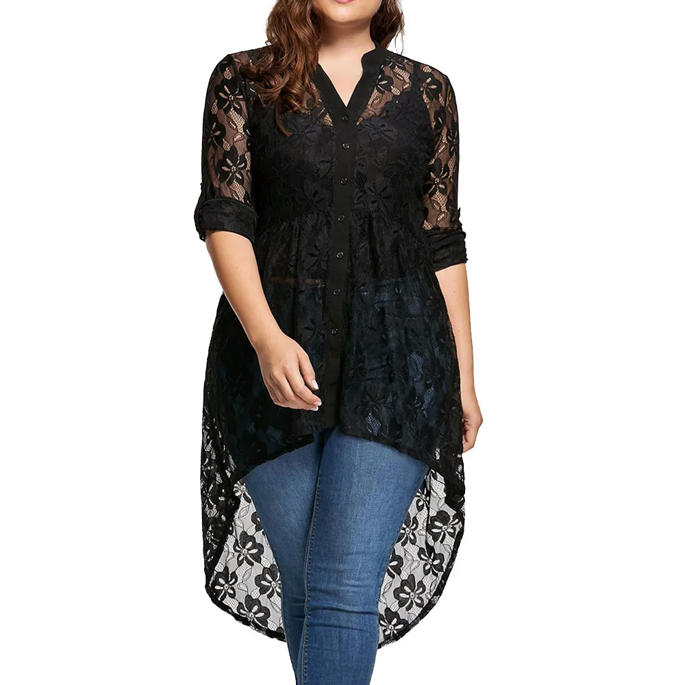 Кружево Blusas Femininas женские размера плюс блузка кружевная рубашка с длинным