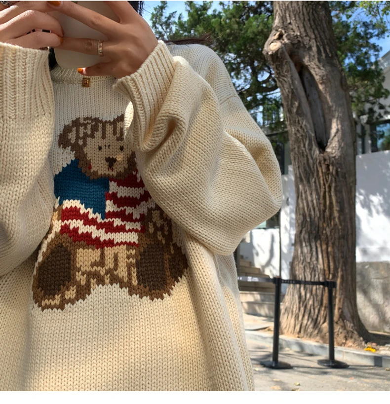 Женский свитер женский осенний с медведем вязаный джемпер Зимний пуловер