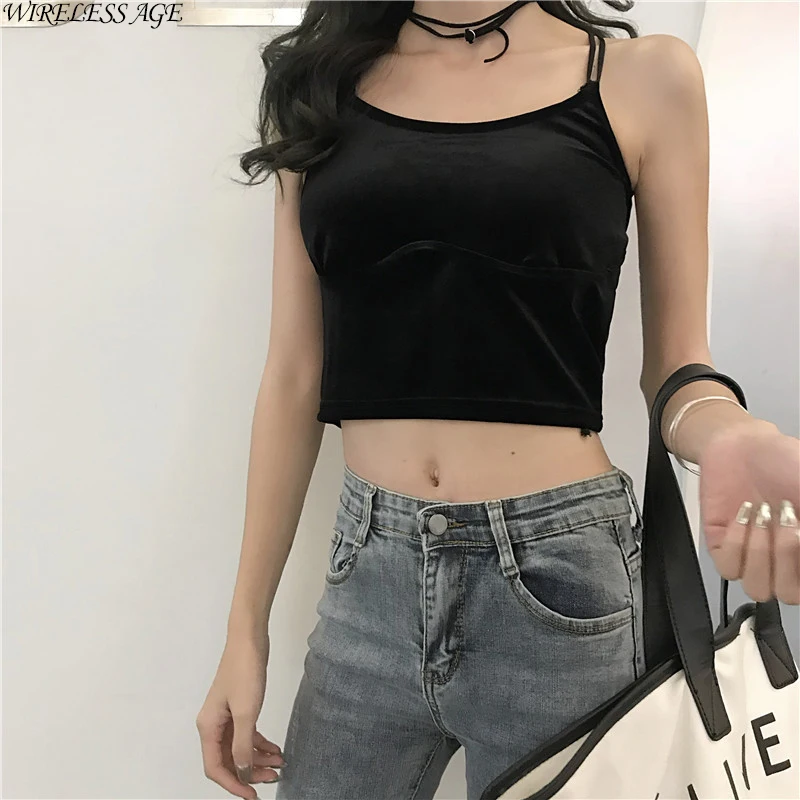 

WIRELESS AGE Gold Velvet Small Sling Vest 4 Color 5 Size Female Sexy Cross Backles 2021 New Women's Fashion Temperament Wild