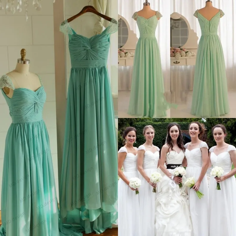

Cheap chiffon long 2018 Sexy sweetheart cap sleeves beautiful beaded party prom gown custom made A-line bridesmaid dresses