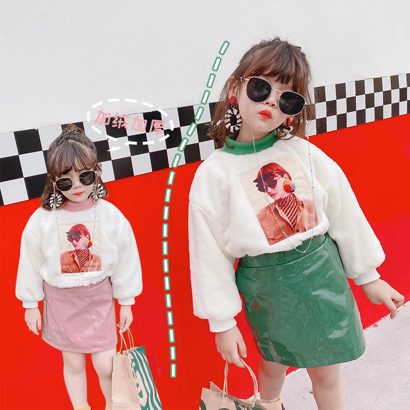 Spring Autumn warm girls 2 pcs set baby sweatshirt + PU skirt kids suit children fashion clothes soft fur patch Gloss to 7 yrs |
