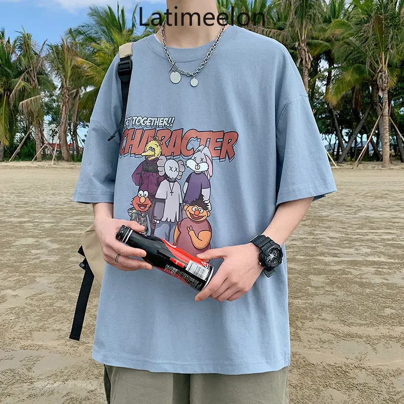 

Short-sleeved T-shirt Male Loose Casual Popular Logo Printing Big Fat Shirt Korean Version Trend INS Five-minute Sleeves T Shirt