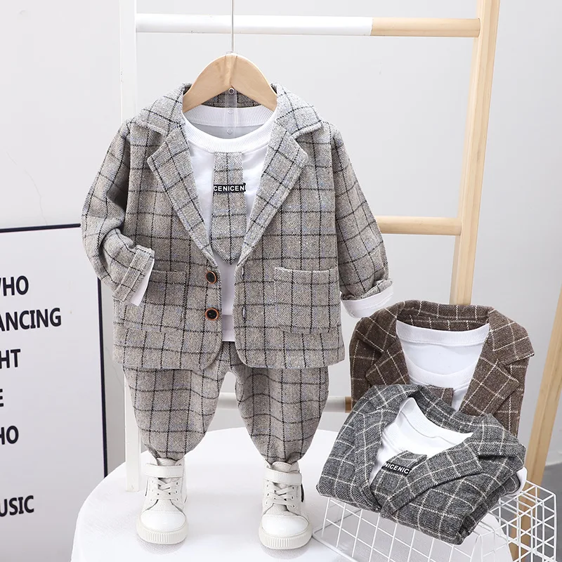 

Spring Autumn Boys Coat Children Clothing Baby Birthday Party Formal Wear Plaid Suit T Shirt+Pants 3Pcs Sets Kids Casual Outfit